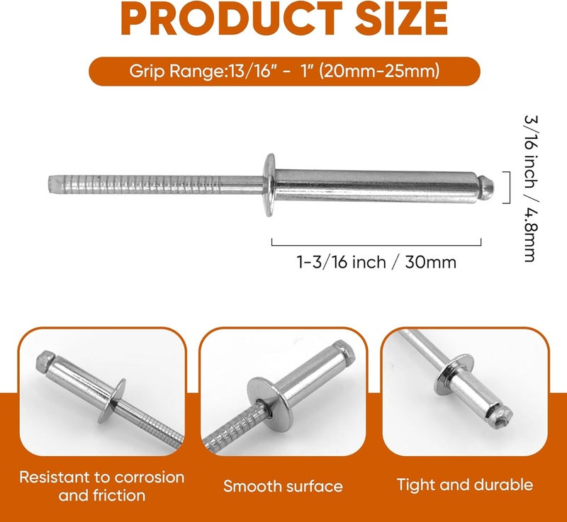 ALLCLEAN 50 Pcs 3/16" x 1-3/16" Stainless Steel Blind Pro Rivets,4.8 x 30mm Pop Rivets,Stainless Steel Grip and Stainless Steel Mandrel - Image 2